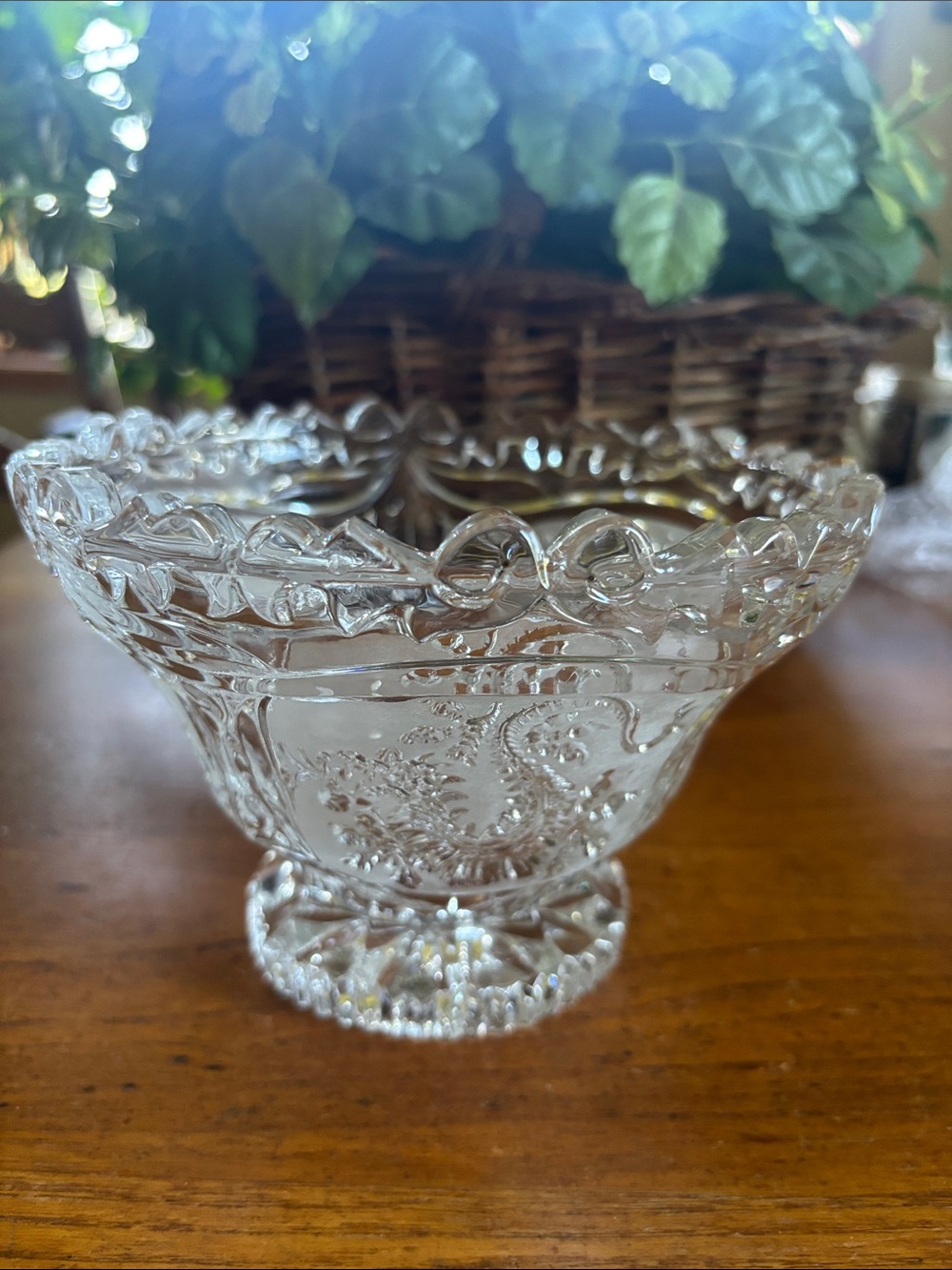 Vintage Hofbauer W. German lead crystal etched dragon motif pedestal dish